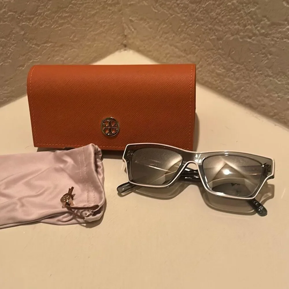 Tory Burch TY7207U Sunglasses Smoke Metallic Cream Trim Bold Futuristic Luxury